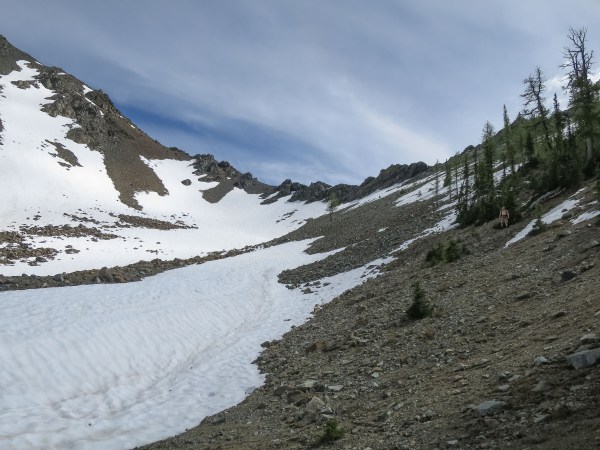 A little remaining snow on the trail down into Lake Ann.